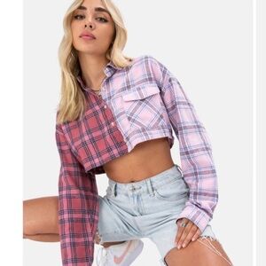 Adika crop pattern mix flannel button down shirt plaid pink 544